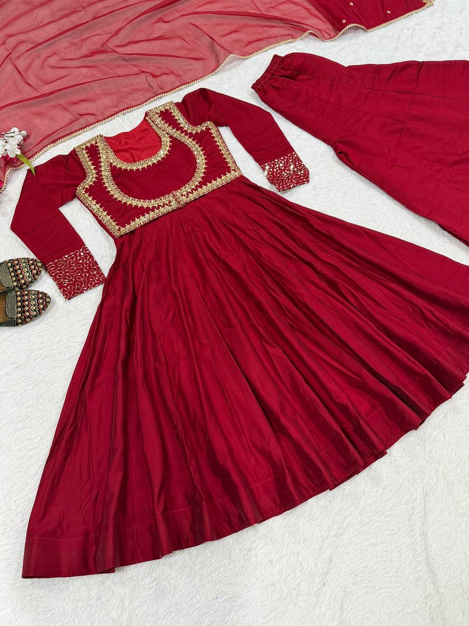 Trendy Red Color Embroidery Work Cotton Anarkali Suit