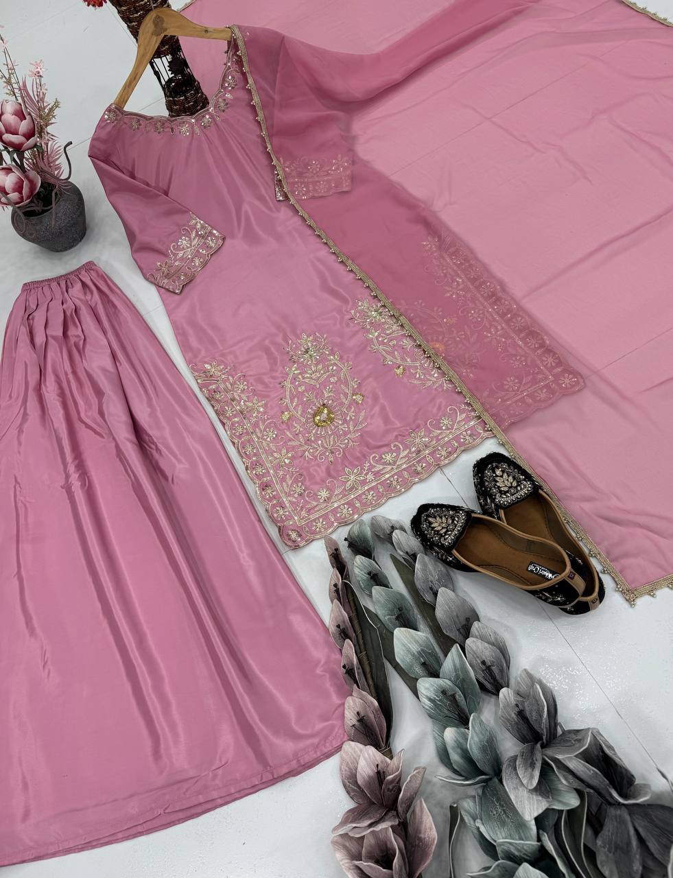 Gorgeous Pink Color Heavy Natural Crepe Embroidered Sequence Work with Fancy Top-Sharara-Dupatta Set