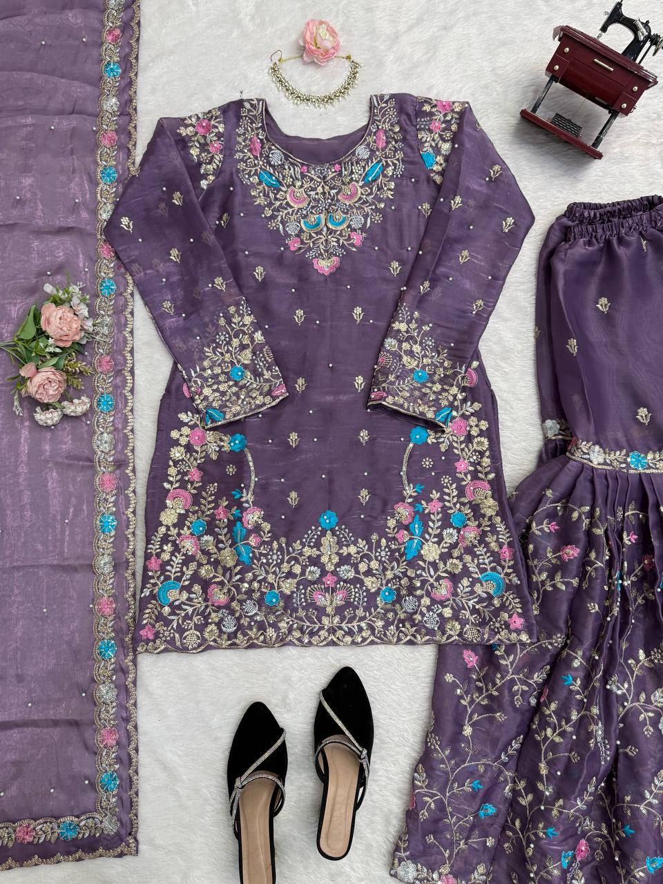 Weddiing Wear Embroidery Purple Color 3-Piece Anarkali Sharara Set