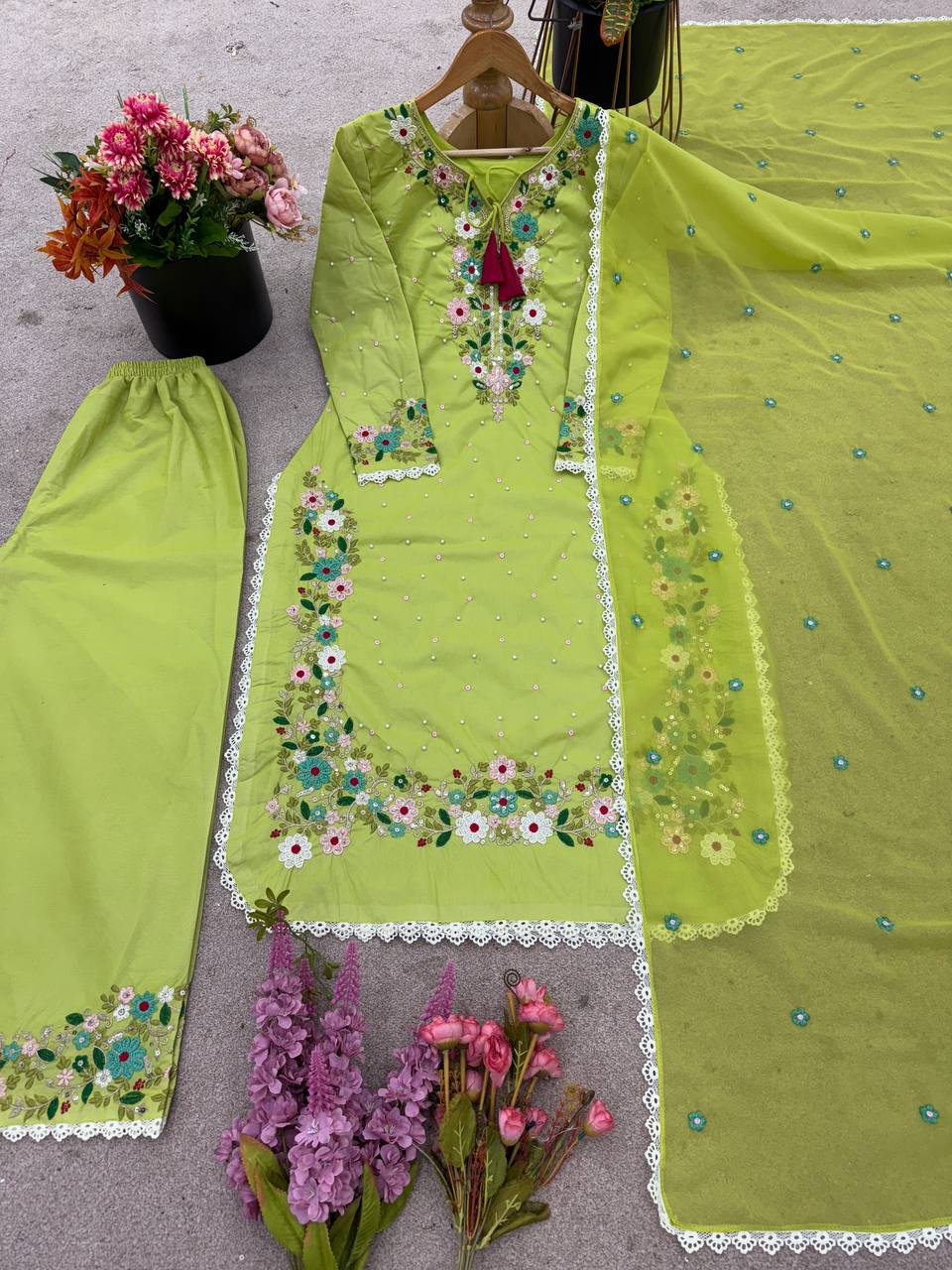 Festive Wear Green Color Heavy Faux Georgette Rich 5mm Embroidery Sequin Work Palazzo Salwar Suit