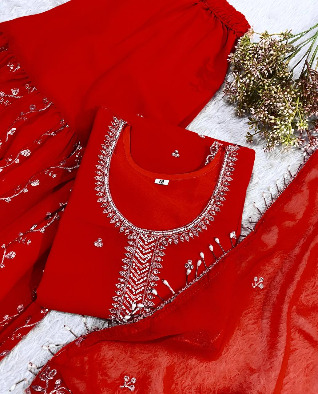 Charming Red Color Faux Georgette Sequence Embroidered Sharara Suit