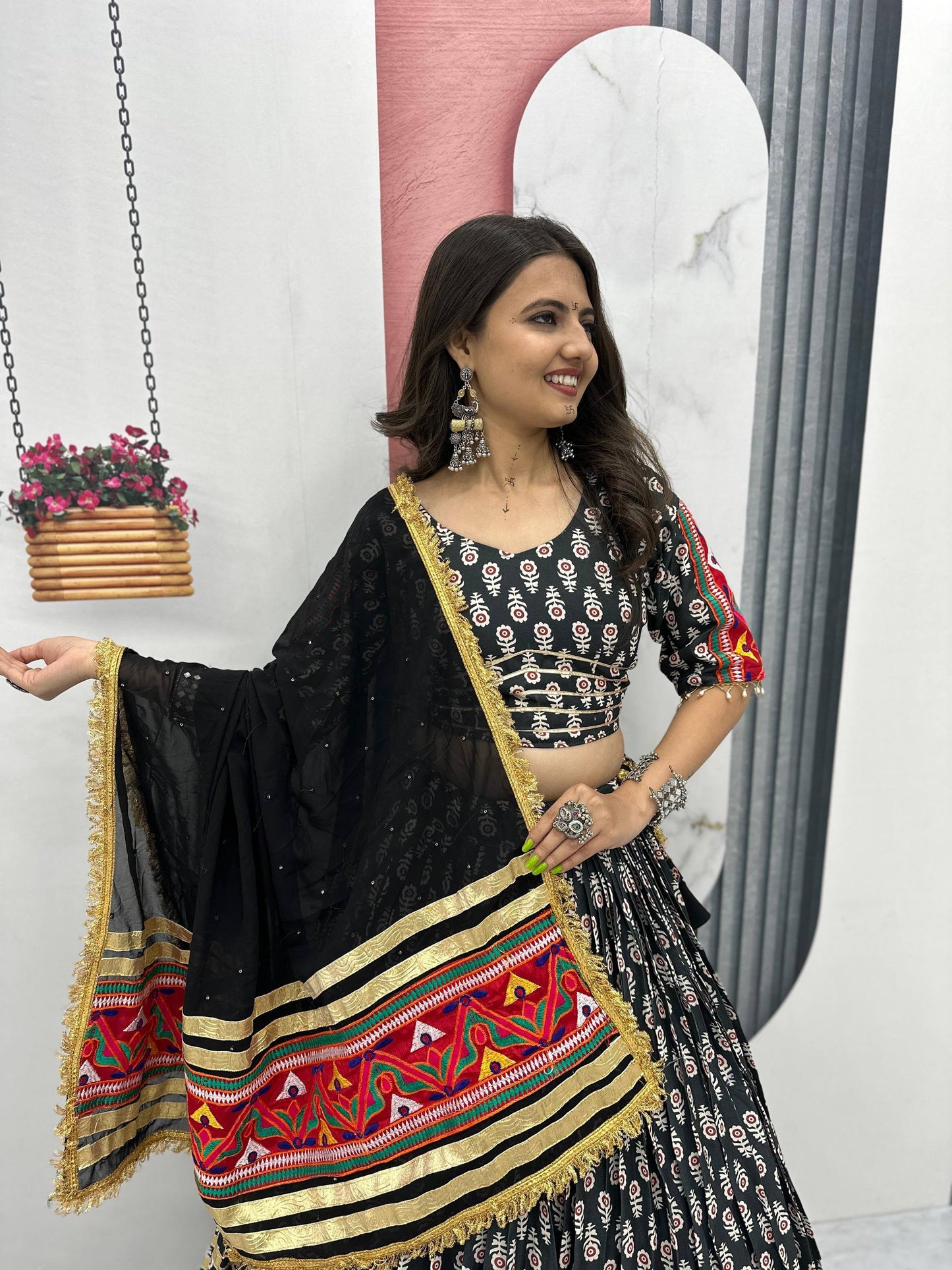 Navratri Wear Black Color Riyon Cotton With Gamathi Embroidery Work Tradtional Wear Lehenga Choli