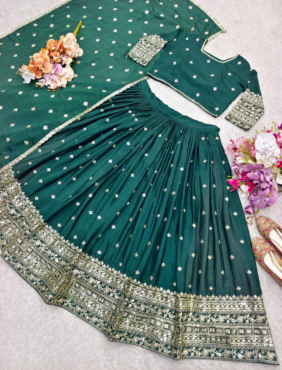 Exclusive Green Color Pure Chinon Silk With Heavy Embroidery With Sequence Work Lehenga Choli