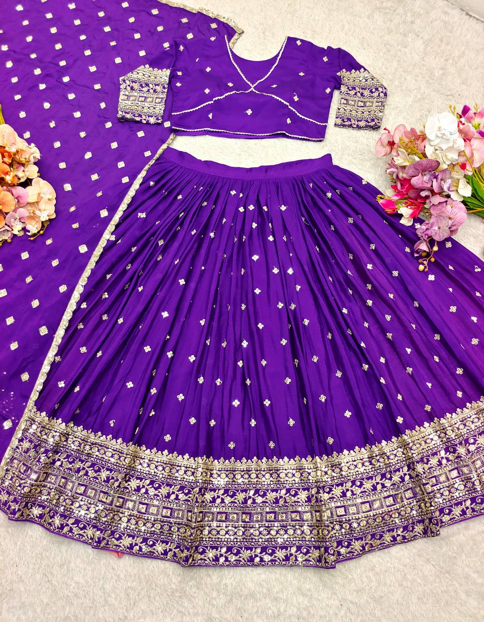 Exclusive Purple Color Pure Chinon Silk With Heavy Embroidery With Sequence Work Lehenga Choli