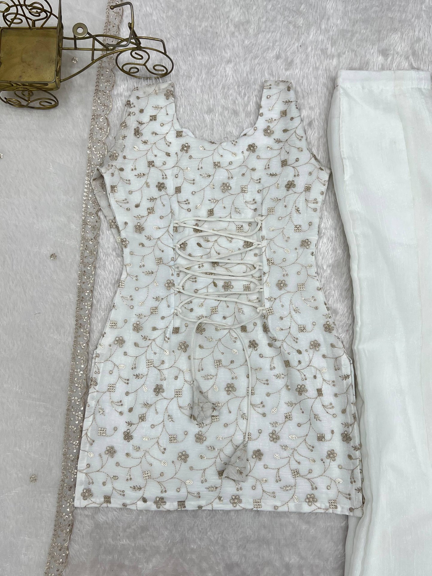 Wedding Wear White Color Sequence Jari Work Bell Bottom Pant With Kurta