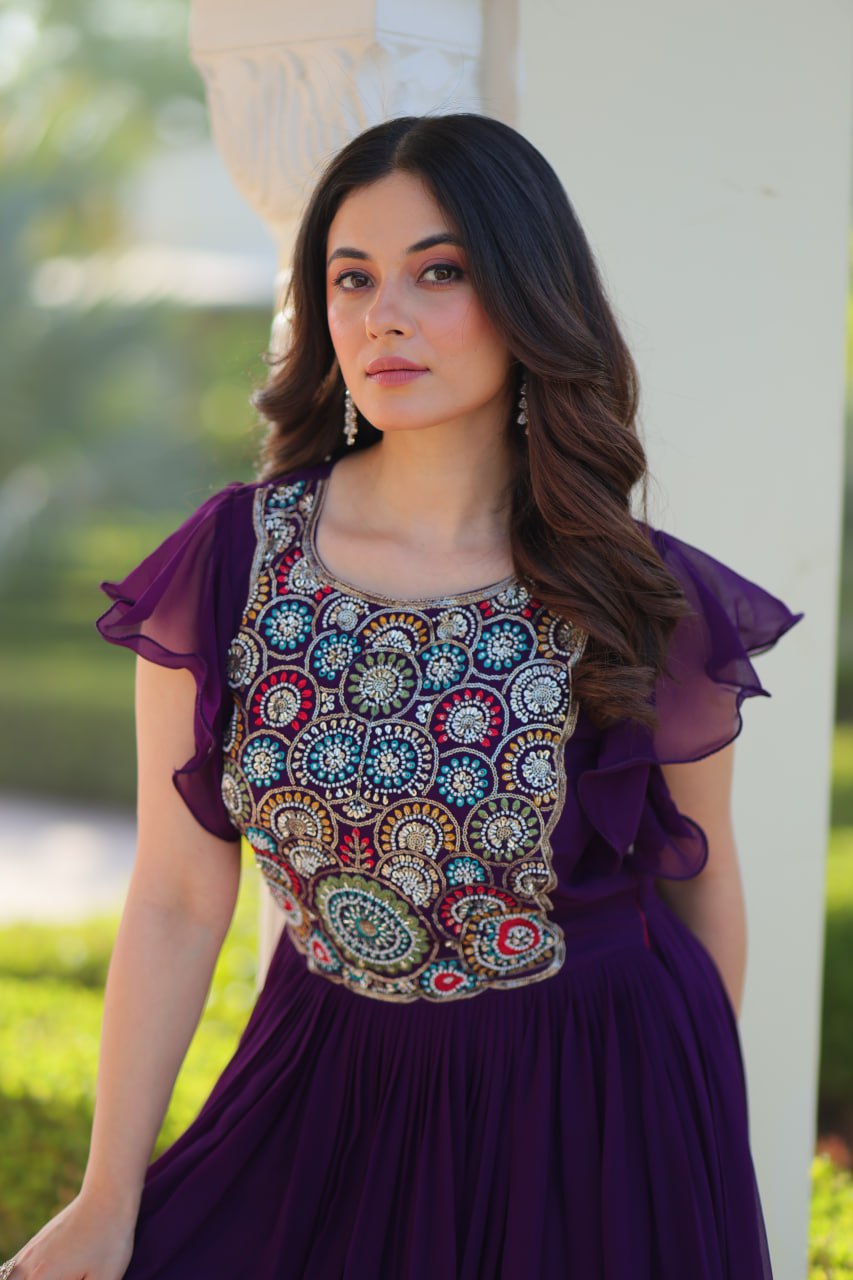 Purple Faux Blooming Designer Gown β Beads & Sequins Embroidery Work With 7 Mtr Flair Ready to Wear