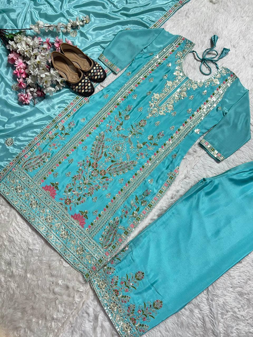 Glorious Sky Blue Color Heavy Embroidered Coding Sequence Work Palazzo Suit