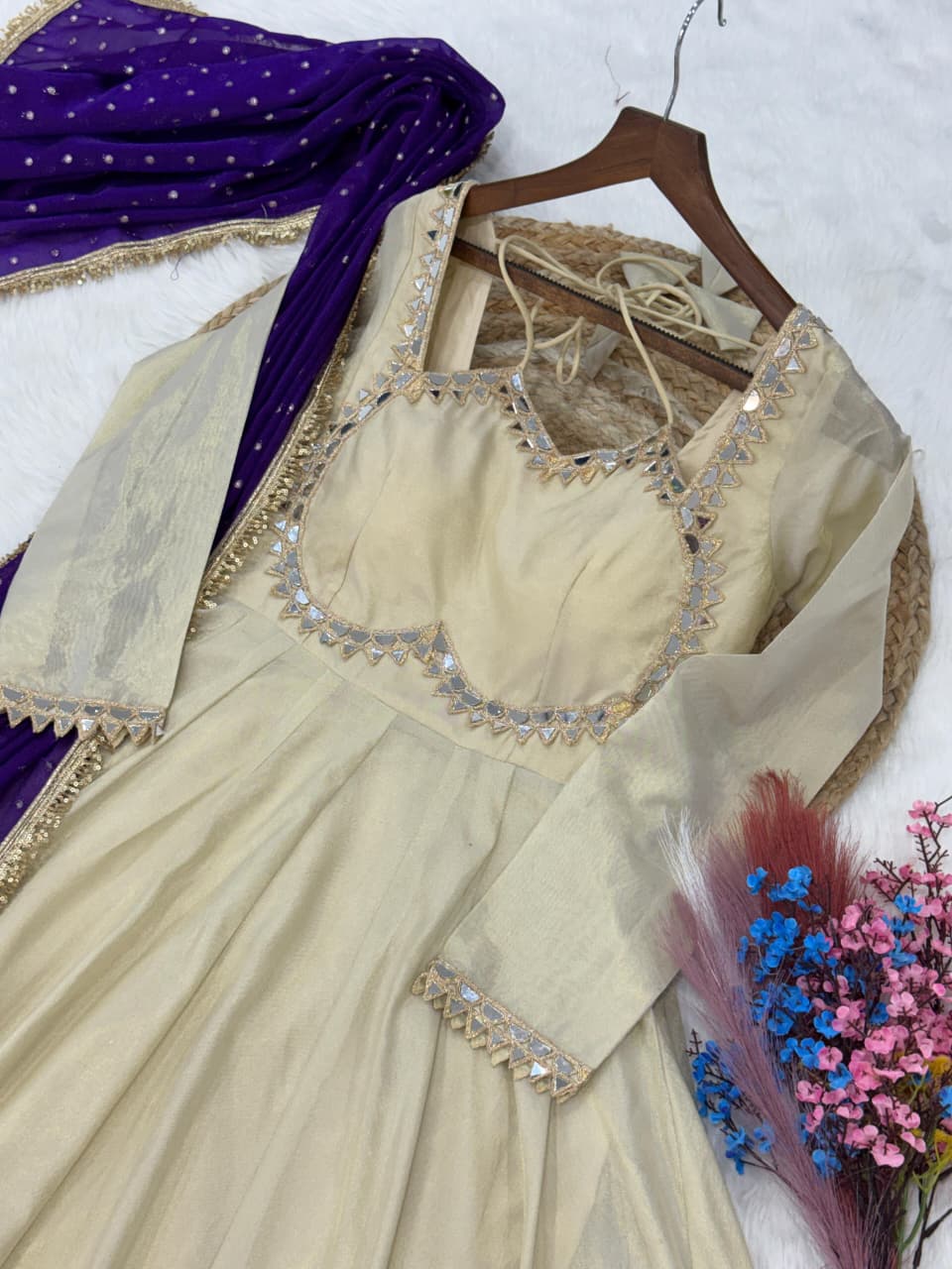Party Wear Purple Color Mirror Work With Zari Embroidered Anarkali Gown