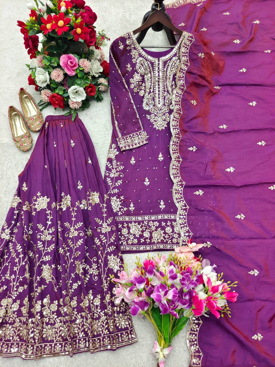 Awesome Purple Color Embroidered Coding Sequence Work Palazzo Suit