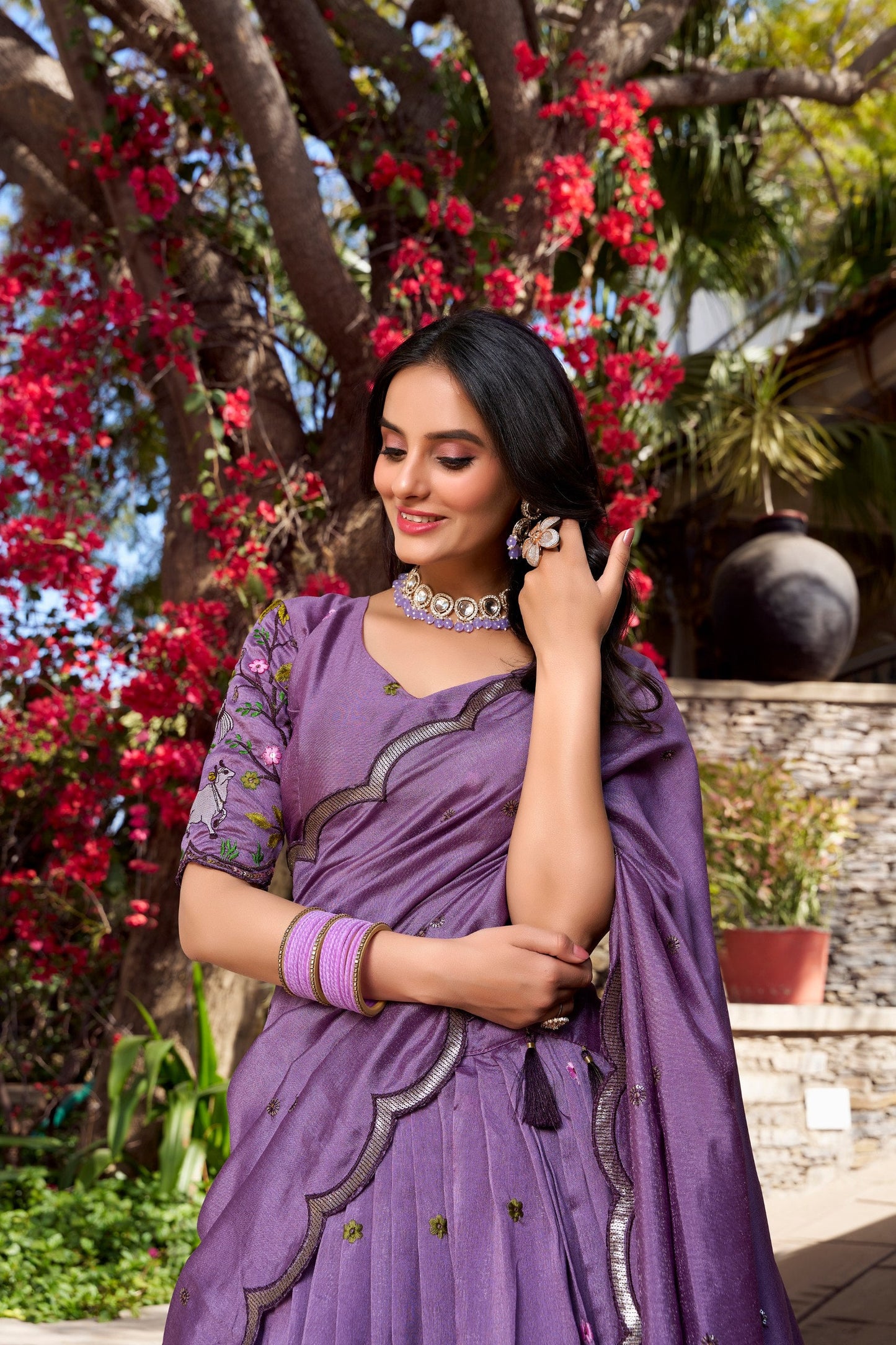Wedding Wear Lavander Color Vichitra Simmer Sequins And Thread Embroidery Work Lehenga Choli