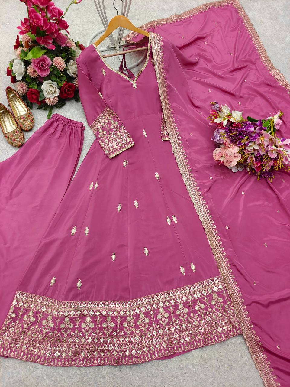 Gorgeous Pink Color Pure Natural Crepe with Heavy Embroidery Sequence Work Anarkali Gown