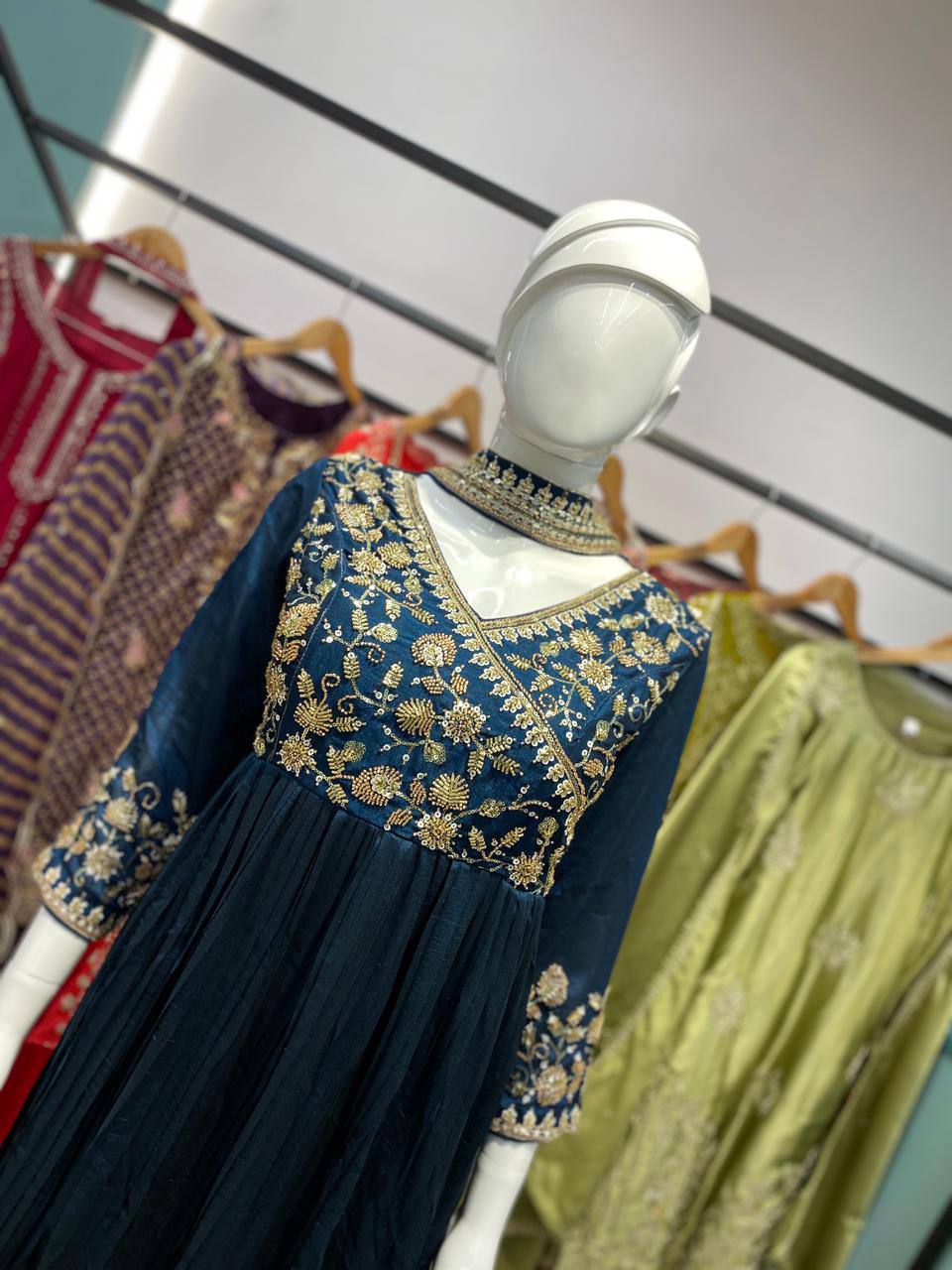 Ceremony Wear Navy Blue Color Sequence Embroidered Work Gown