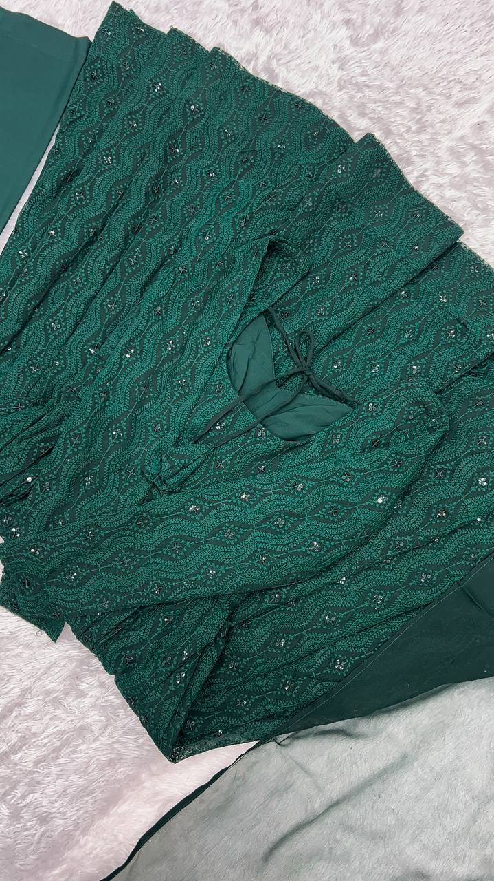 Festive Wear Green Color Soft Faux Georgette With Lucknowi Sequin Work Anarkali Gown
