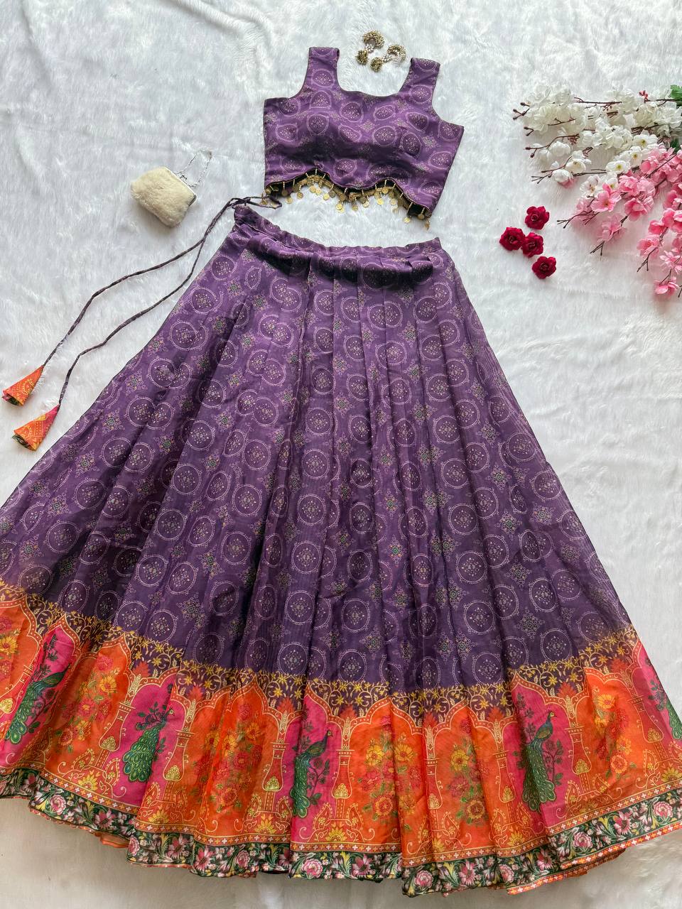 Wedding Wear Purple Color Organza Digital Printed Lehenga Choli