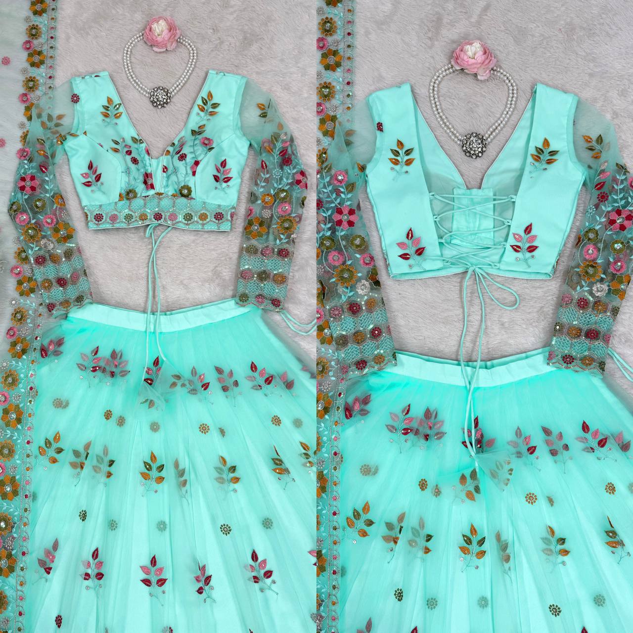 Party Wear Sky Blue Soft Net Intricate Thread And Sequin Embroidery Work Beautiful Lehenga Choli