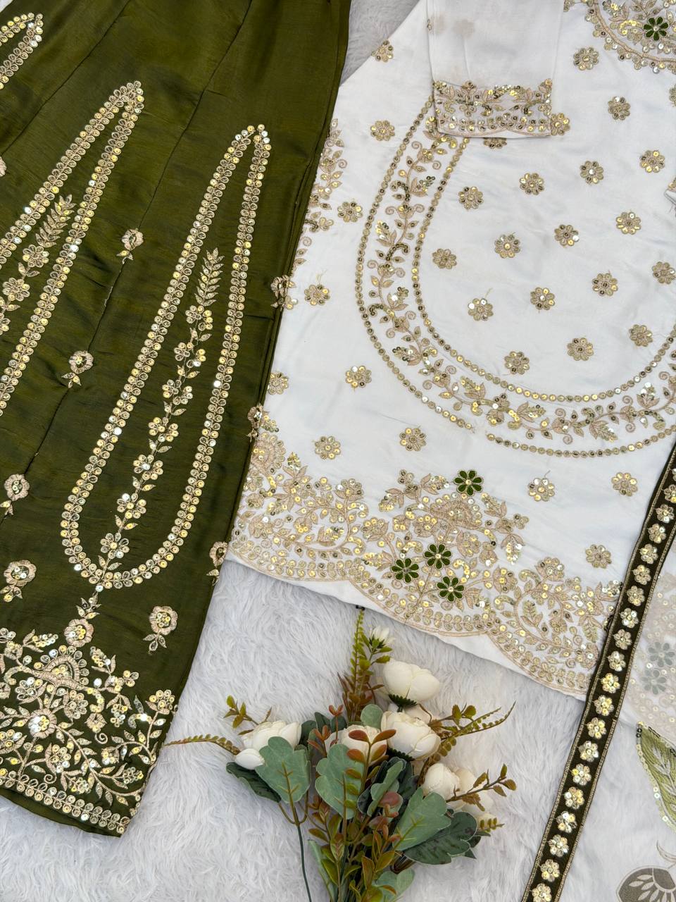 Wedding Wear Green Color Embroidery Sequence Work Palazzo Suit