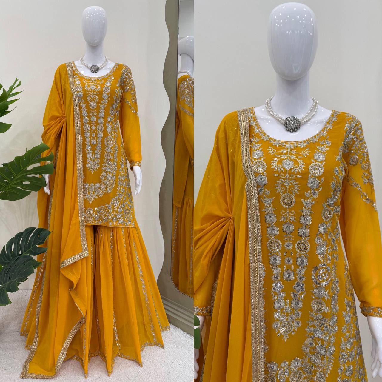 Haldi Wear Yellow Color Faux Georgette Thread With Sequin Embroidery Work Sharara Suit