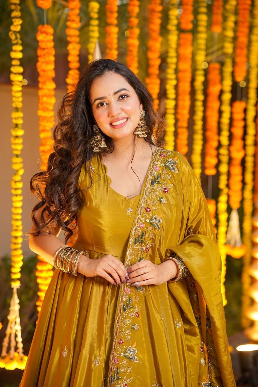 Wedding Wear Mustard Color Heavy Silk Gown Set With Palazzo And Dupatta