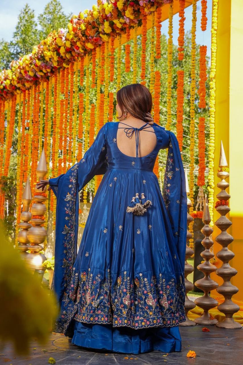 Wedding Wear Blue Color Heavy Silk Gown Set With Palazzo And Dupatta