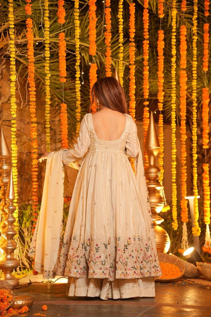 Wedding Wear Beige Color Heavy Silk Gown Set With Palazzo And Dupatta