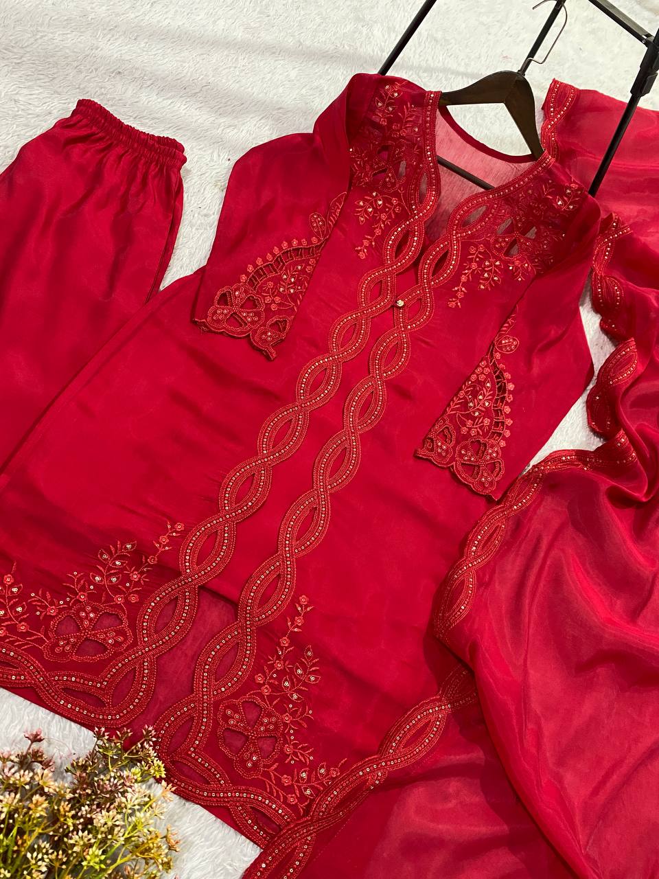 Classy Red Color Mal Chanderi Stylish Embroidered Work Kurti Set