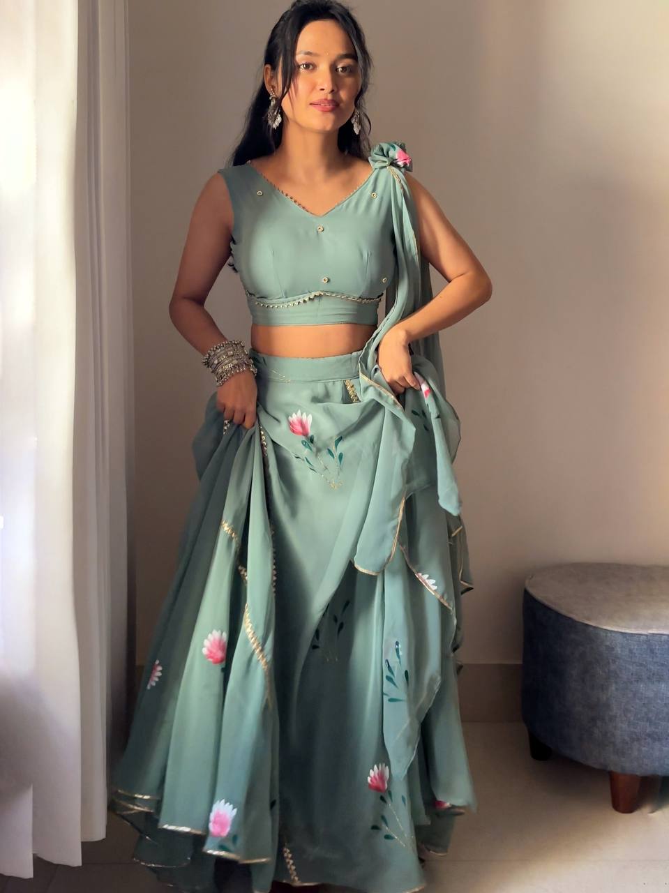 Elegant Georgette Hand Painted Designer Lehnga Choli