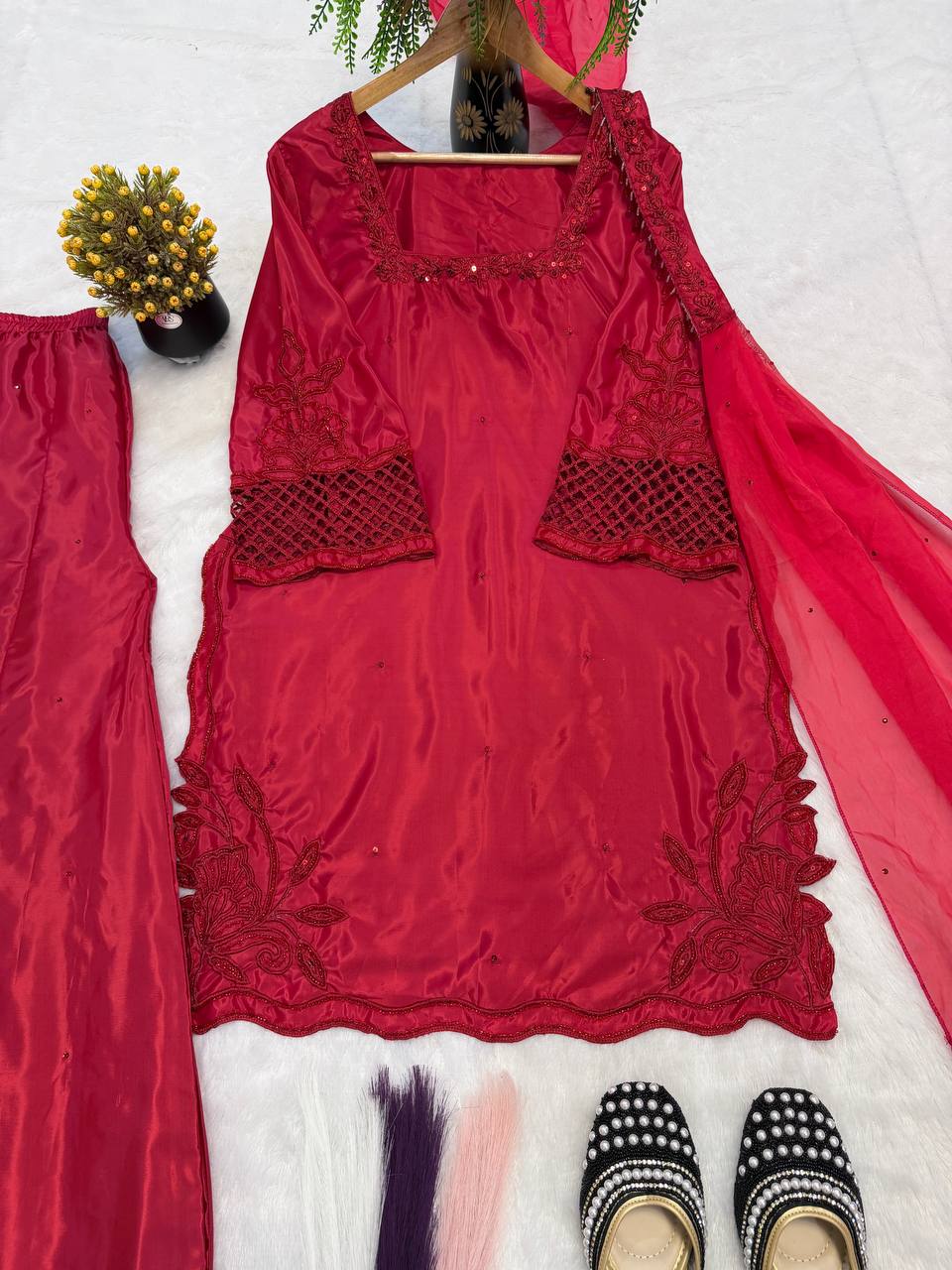 Delightful Red Color Heavy Beads Handwork With Sequence Embroidered Sharara Suit