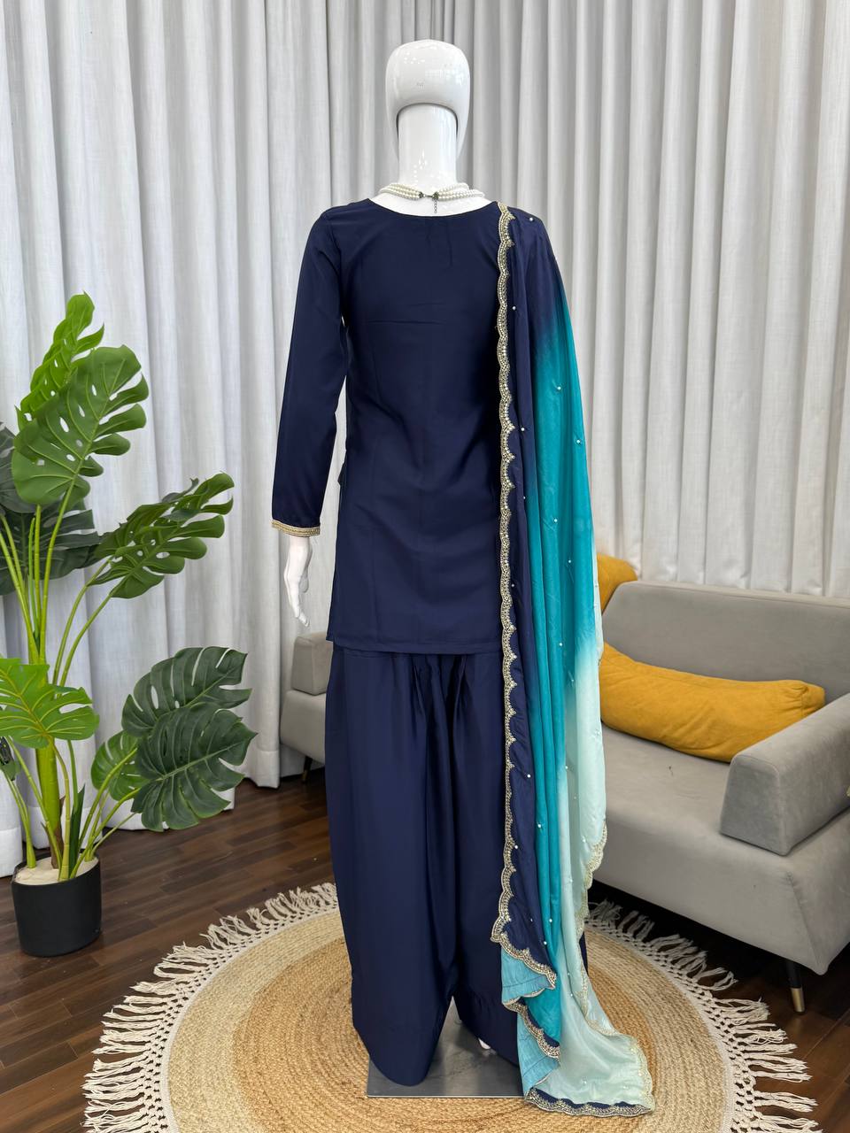 Alluring Navy Blue Color Natural Crepe Sequence Work Farshi Suit