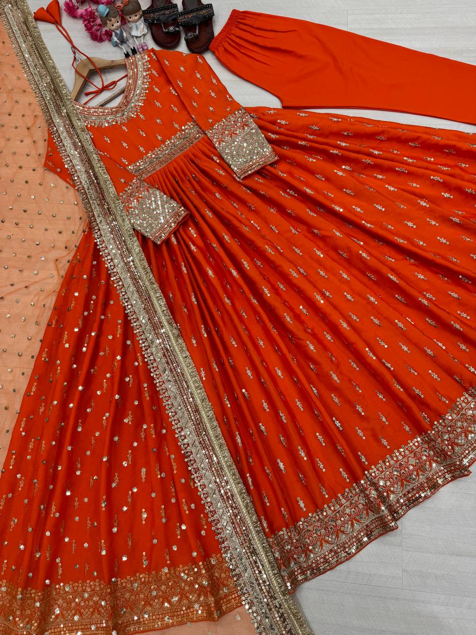 Beautiful Orange Color Heavy Pure Chinon Silk With Embroidery Sequence Work Gown