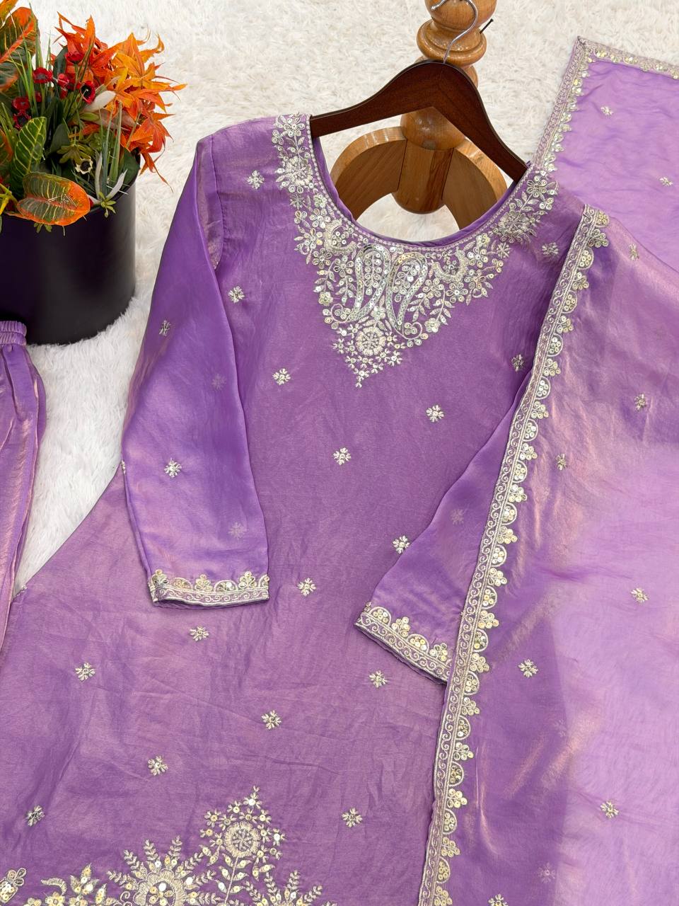 Opulent Purple Color Embroidered Palazzo Suit With Dupatta