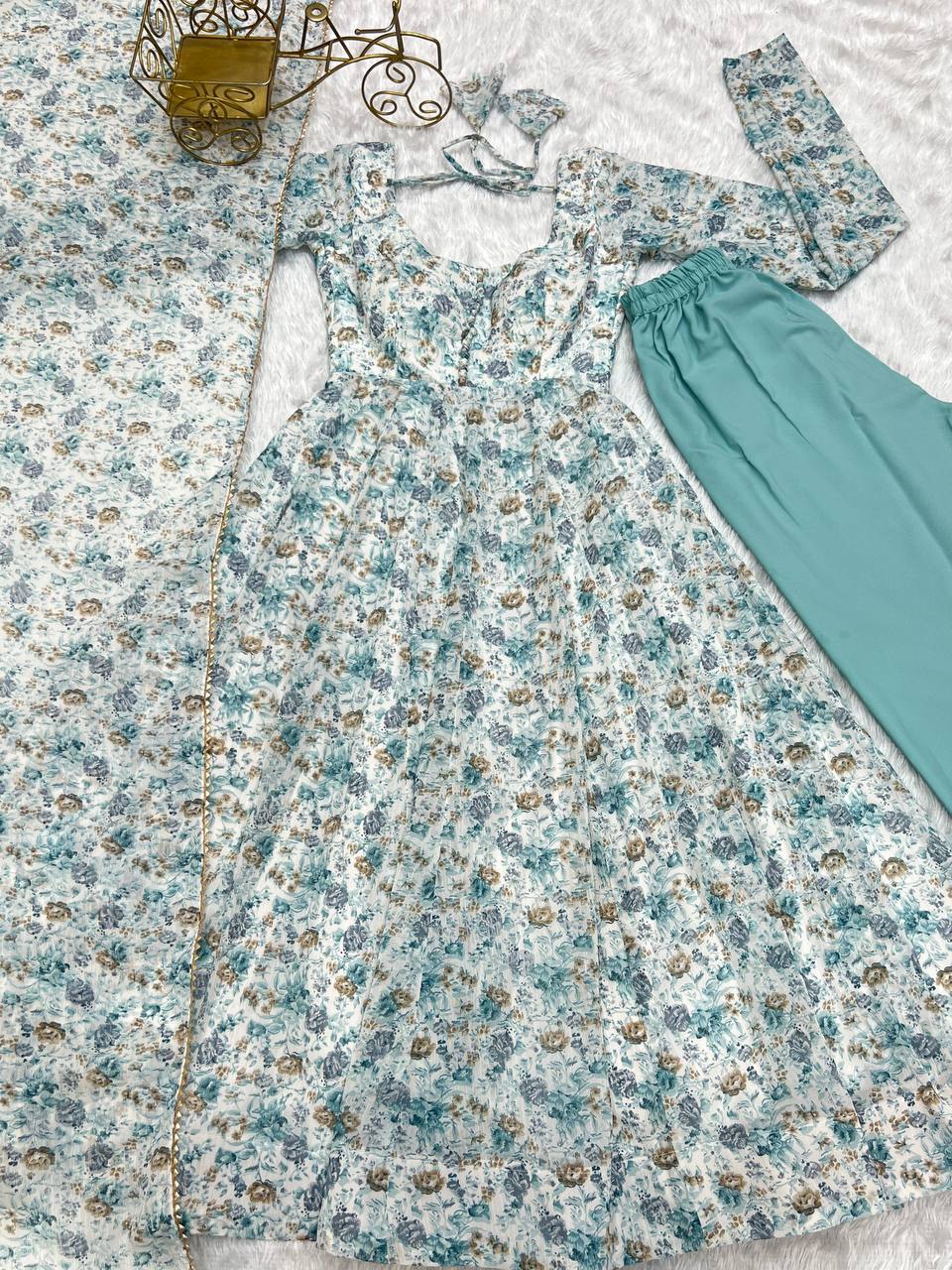 Wedding Wear Sky Blue Chiffon Floral Print Fully-Flared Anarkali Set