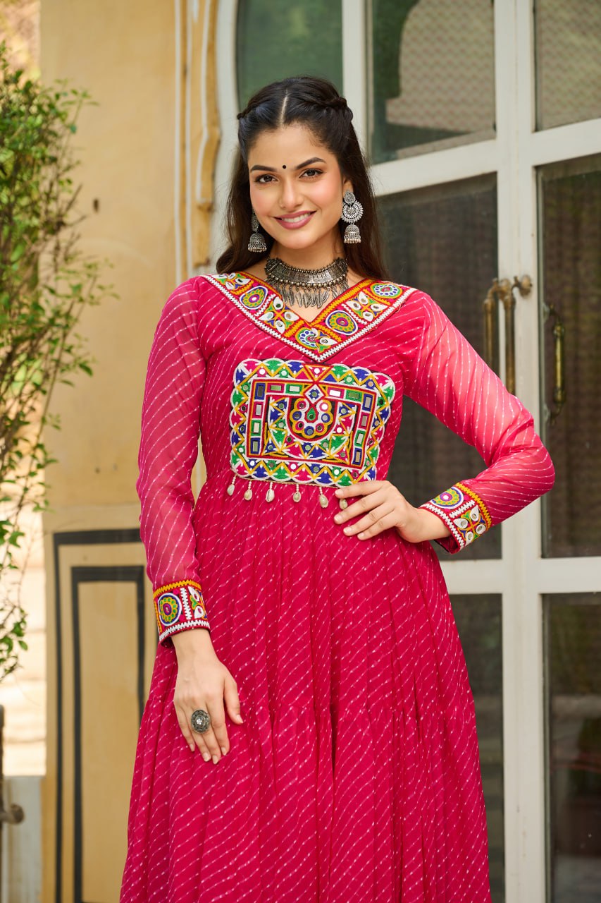 Traditional Wear Pink Color Faux Georgette With Laheriya Printed Kutchi Patchwork Navratri Gown
