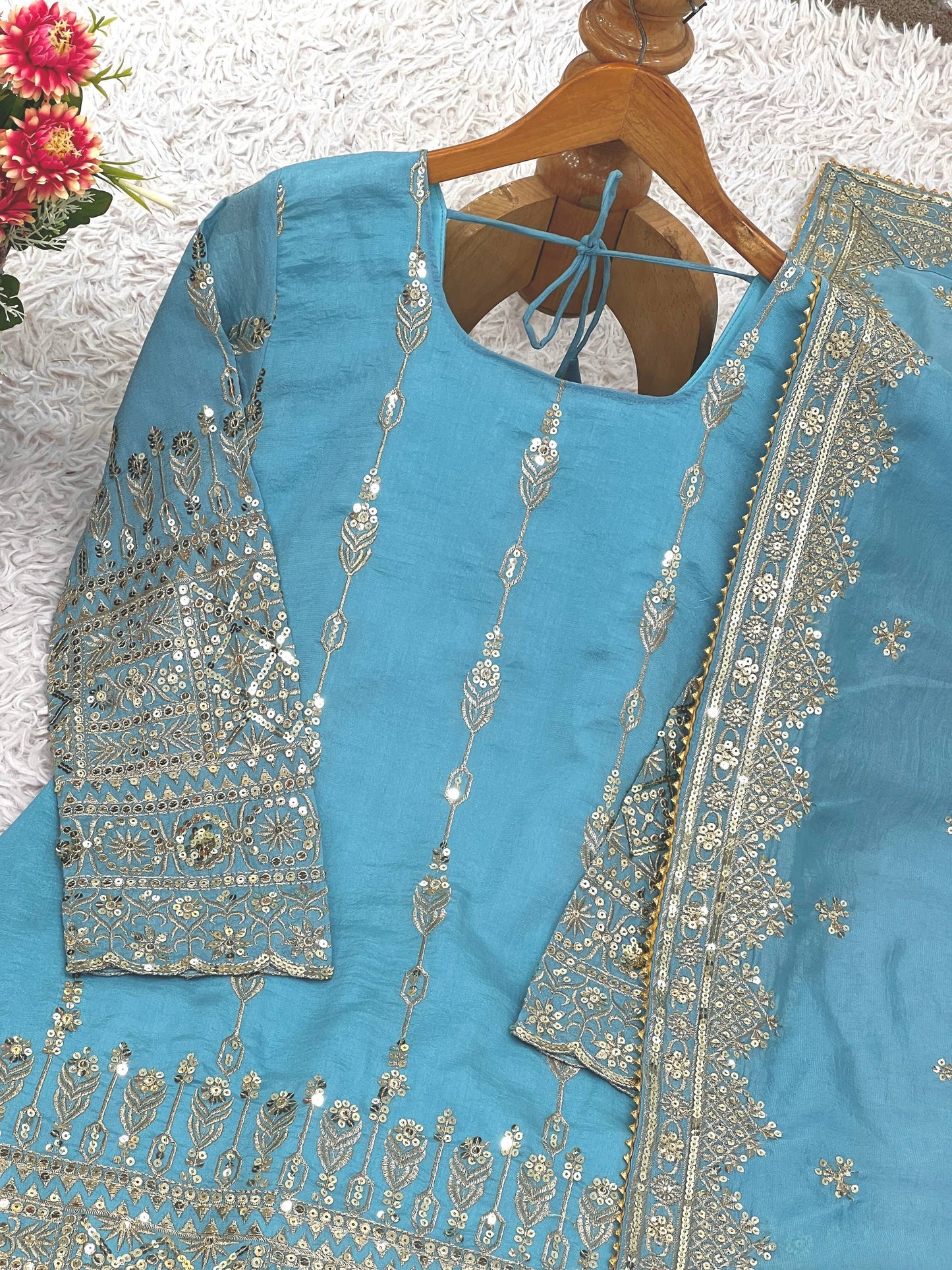 Delightful Sky Blue Color Heavy Embroidered Sequence Work Sharara Suit