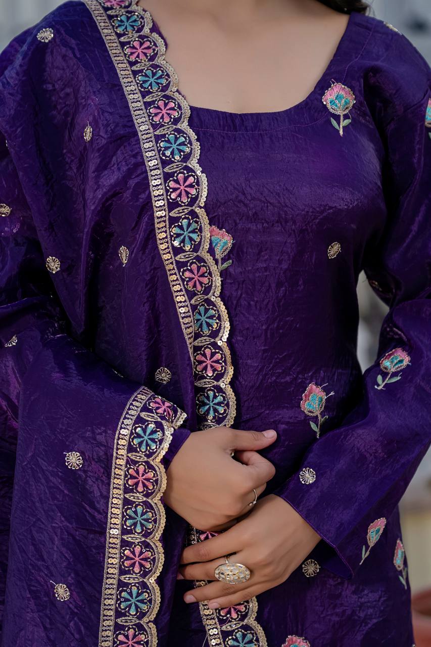 Festival Wear Purple Color Gold Crush With Sequins Heavy Embroidery Work Beautiful Kurti Plazzo Dupatta Set