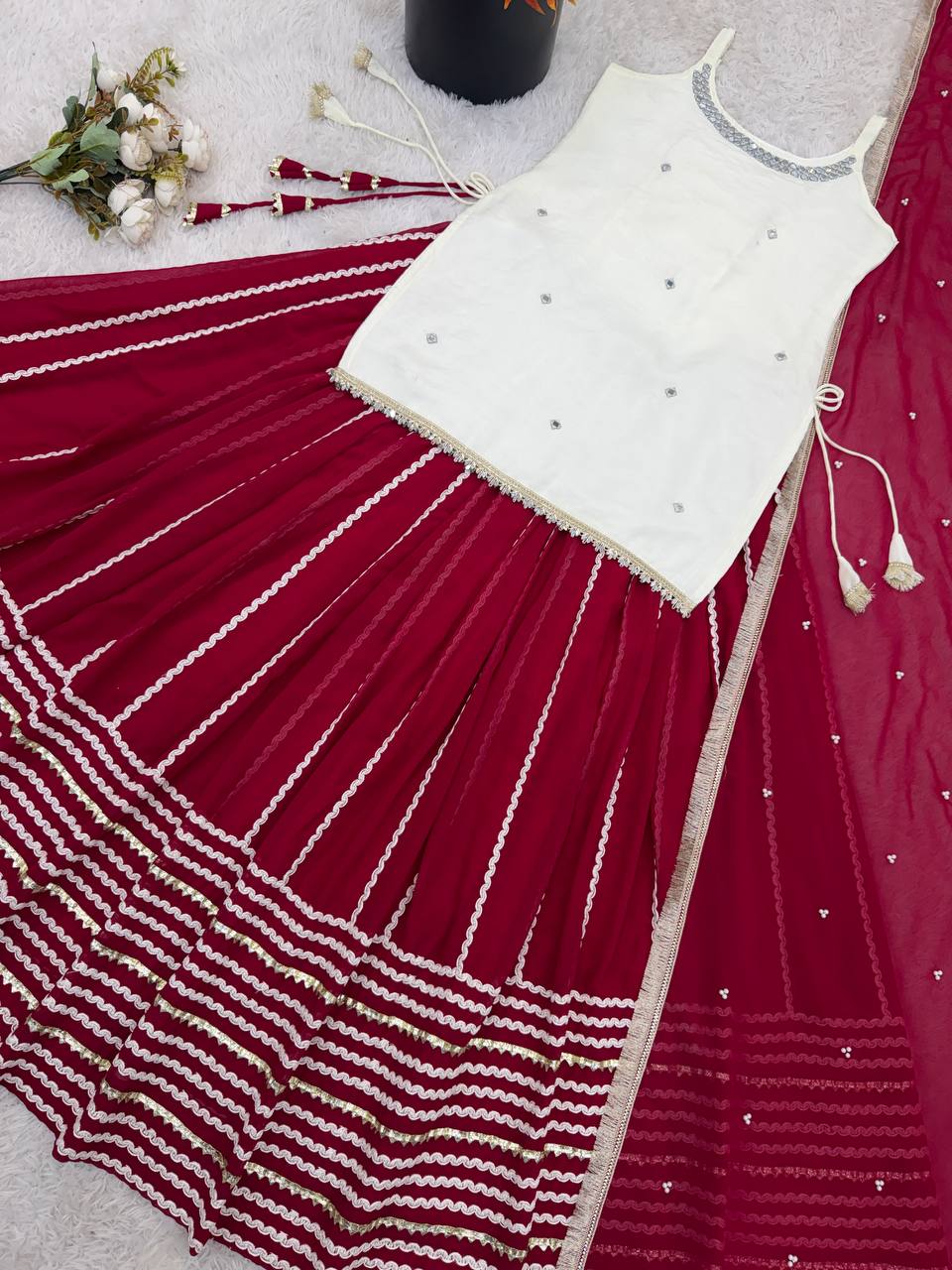 Wedding Wear Maroon Color Real Mirror Work Top With Lehenga