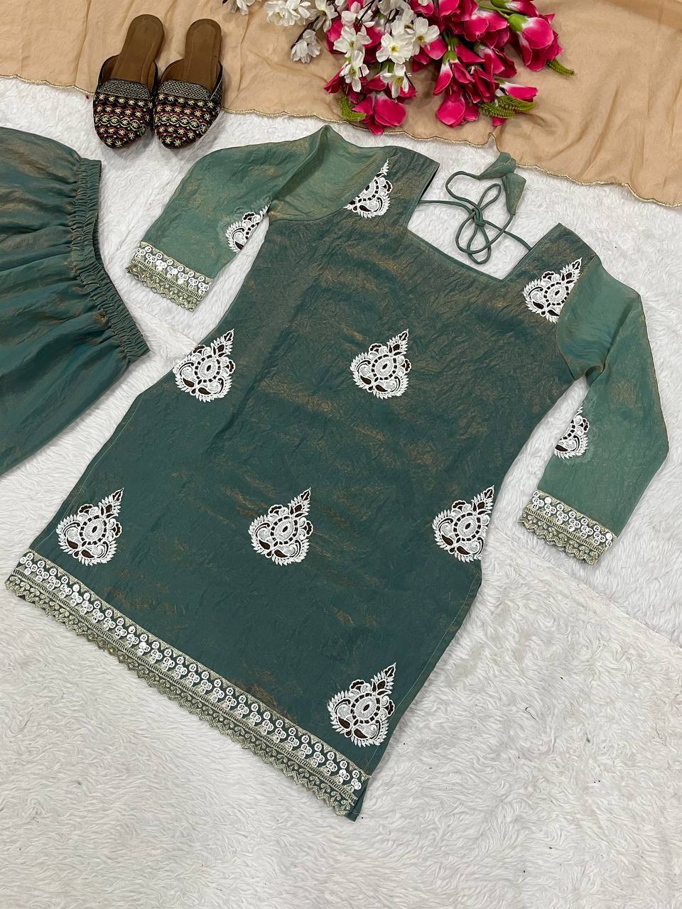 Blissful Green Color Embroidered Work Palazzo Suit