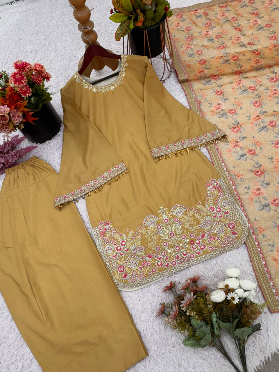 Awesome Yellow Color Heavy Lace Moti Work Farshi Suit
