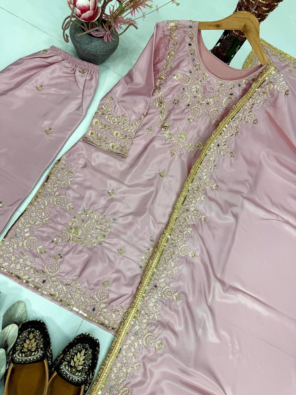 Gorgeous Light Pink Color Sequence Embroidered Palazzo Suit