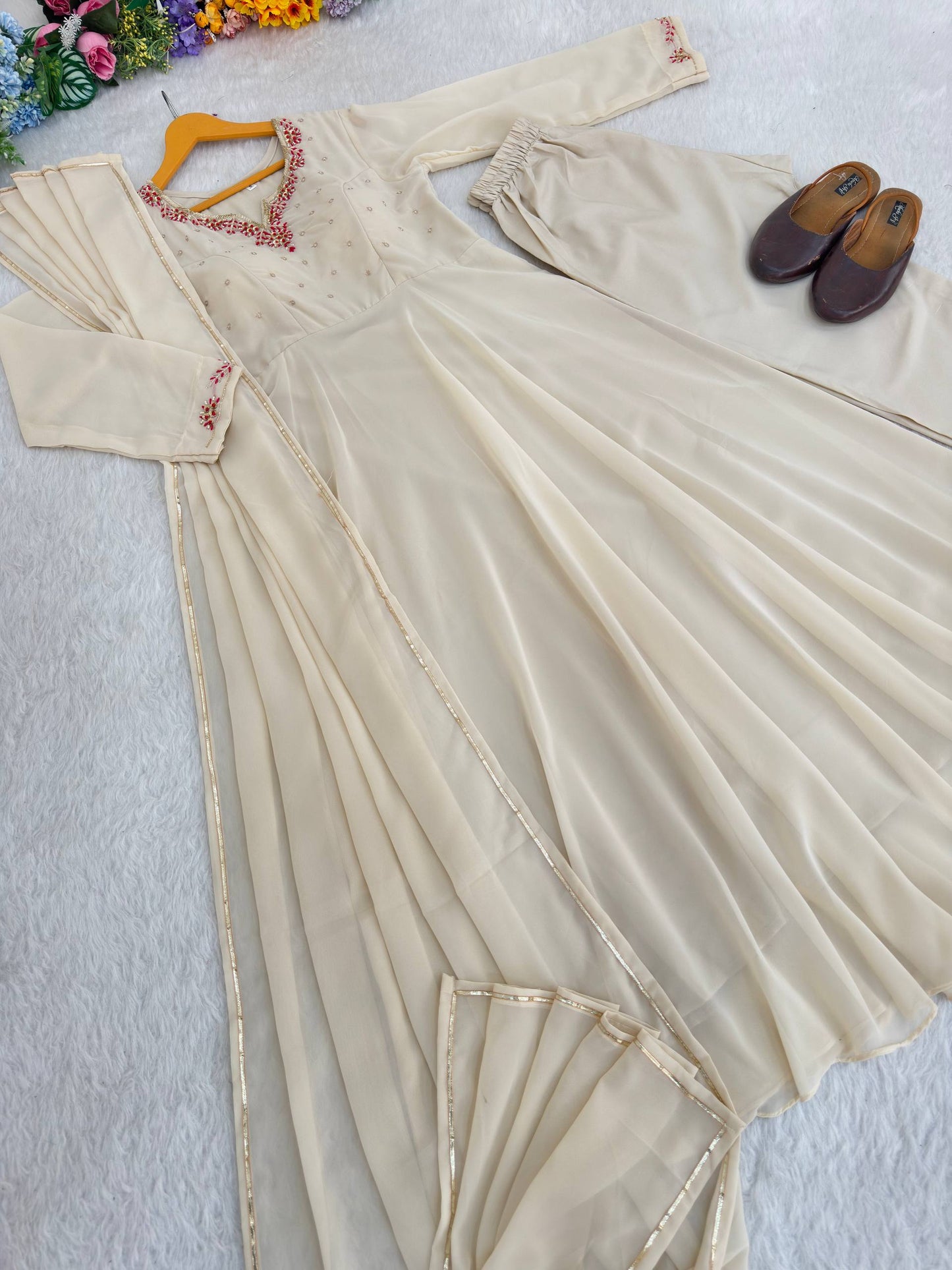 Bollywood Style Beige Color Princess Style Handwork Anarkali Gown