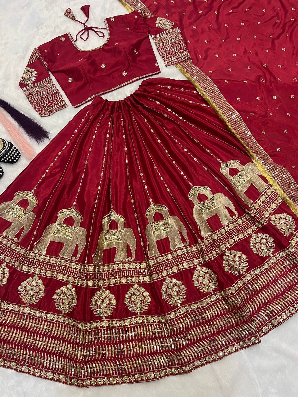 Wedding Wear Maroon Color Heavy Chinon Silk Embroidery With Sequence Work Lehenga Choli