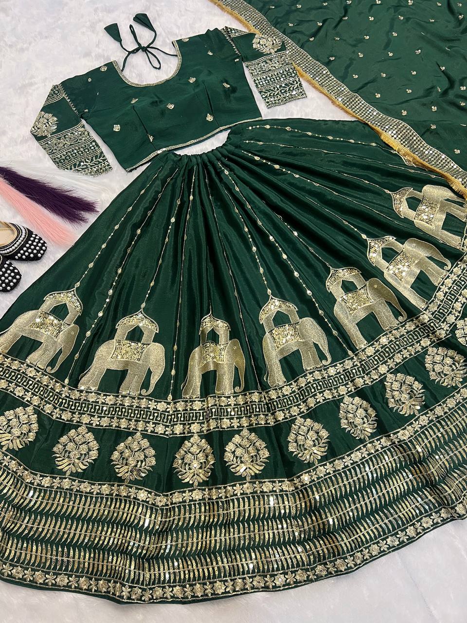 Wedding Wear Green Color Heavy Chinon Silk Embroidery With Sequence Work Lehenga Choli