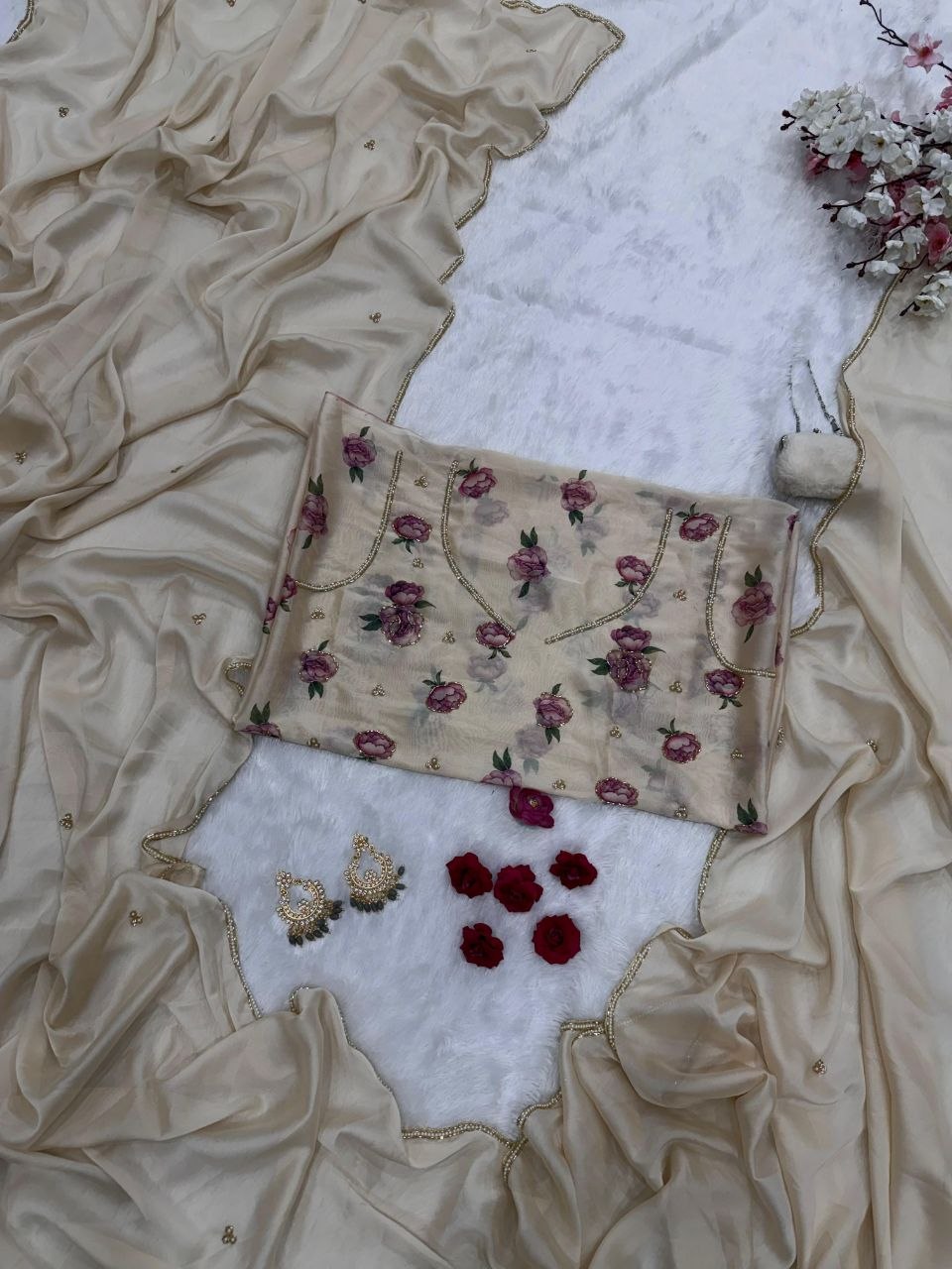 Luxuriant Beige Color Rangoli Silk Katdana Handwork Saree With Blouse