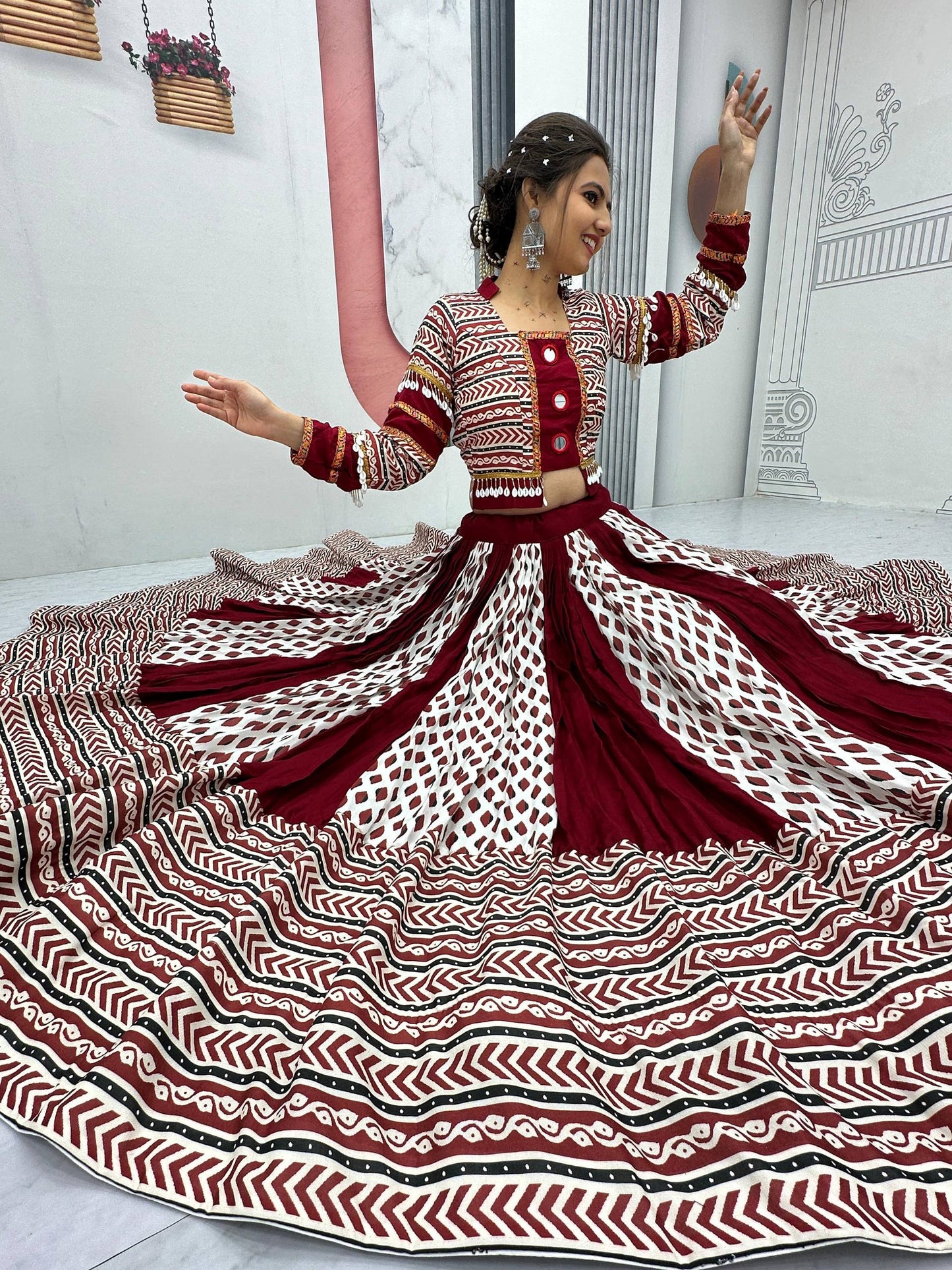 Maroon Color Riyon Cotton Traditional Ajarakh Print With Real Mirror Work Navratri Lehenga Choli