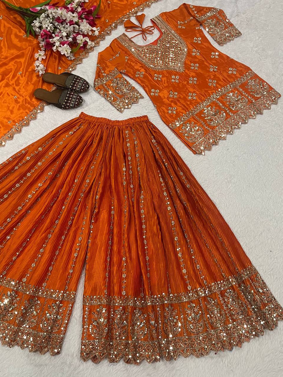 Fashionable Orange Color Heavy Chinon Silk Palazzo Suit With Dupatta