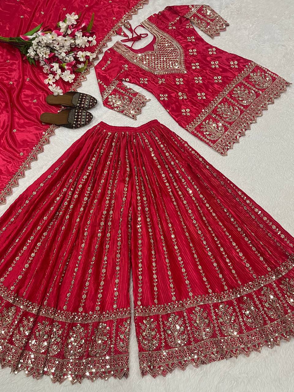 Shining Pink Color Heavy Chinon Silk Palazzo Suit