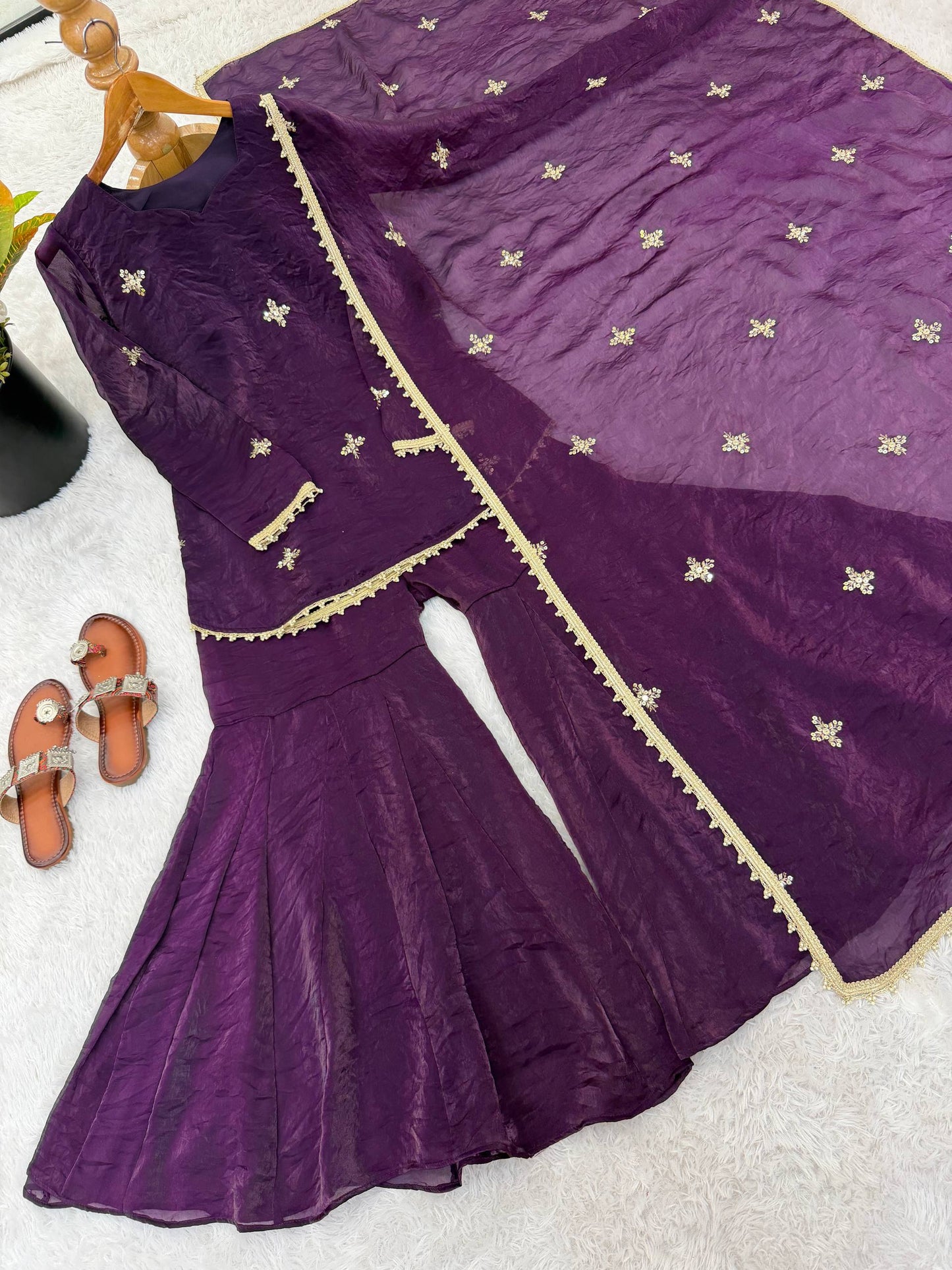 Shining Purple Color Sequence Embroidered Work Top With Sharara Suit