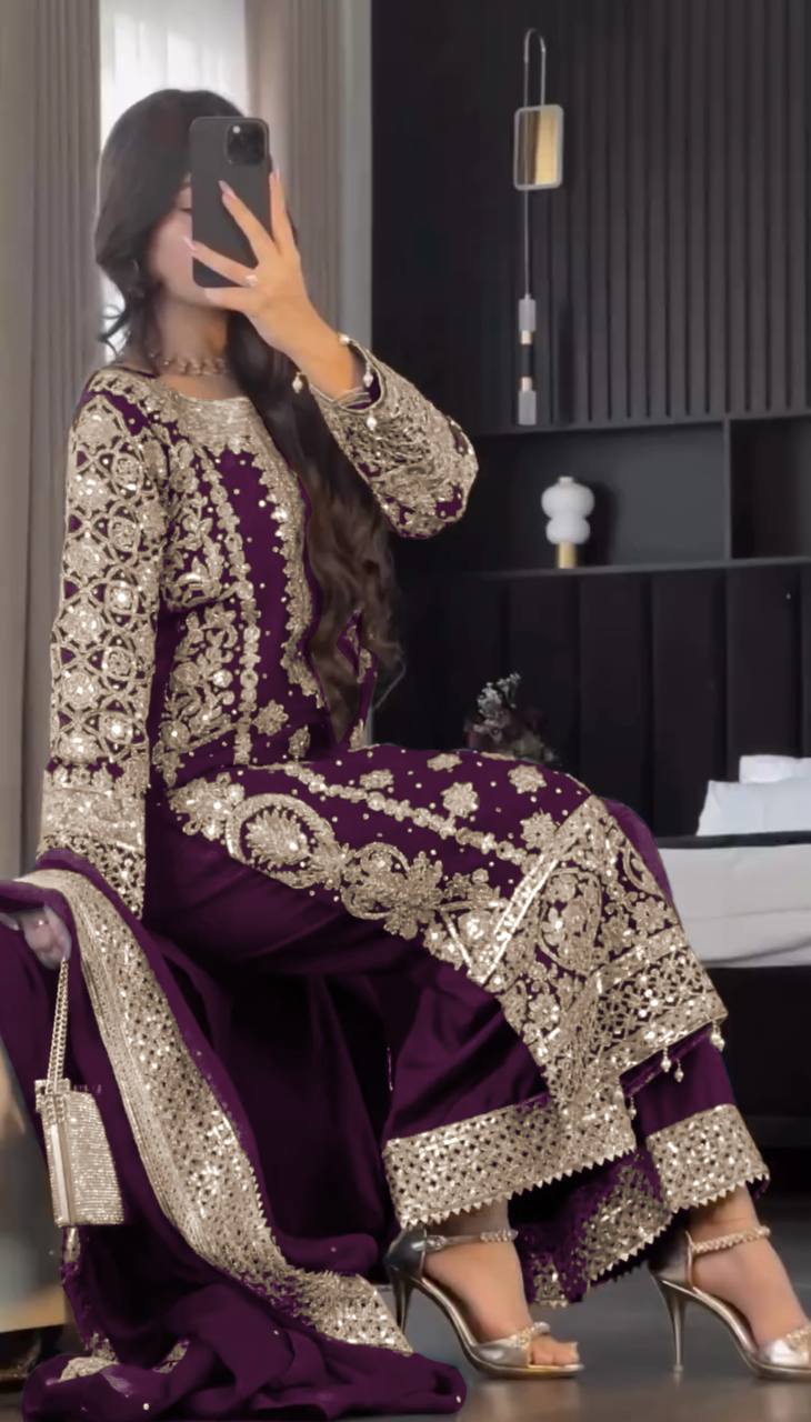 Reception Wear Wine Color Faux Georgette With Heavy Embroidery Sequence Work Designer Salwar Suit