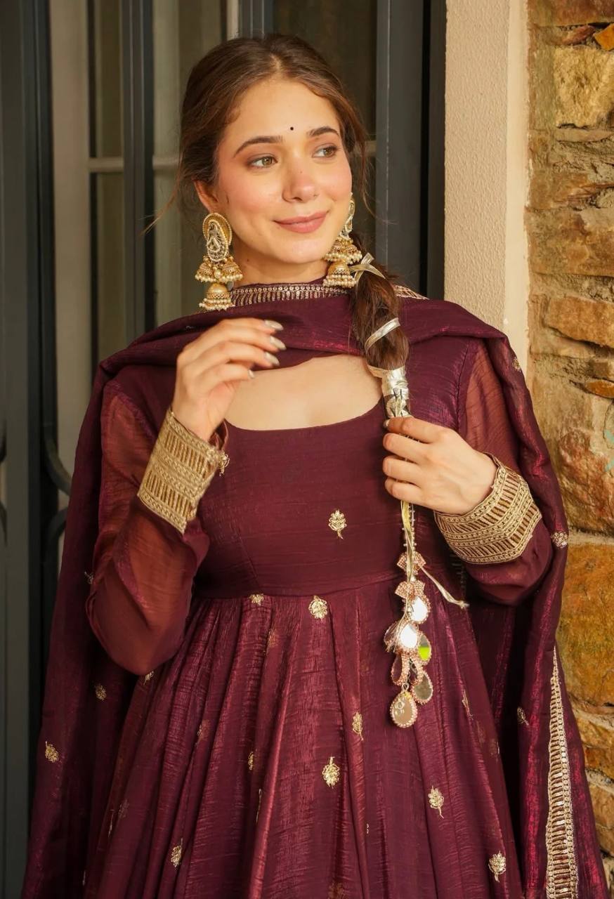 Party Wear Maroon Color Heavy Crunchy Silk And Embroidery With Sequin Work Beautiful Anarkali Suit