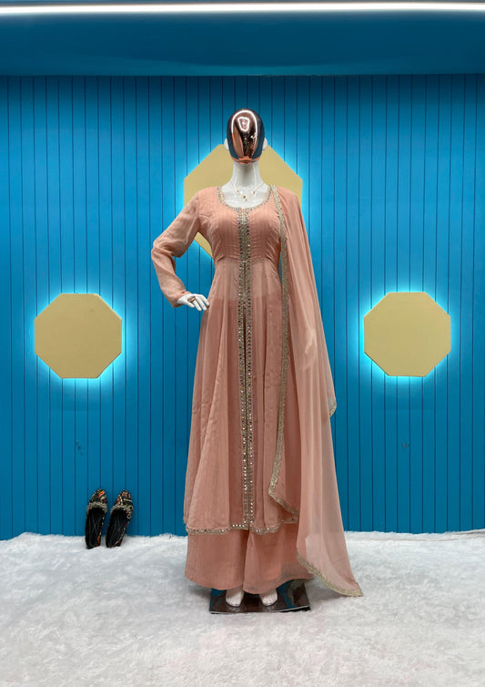 Mesmerizing Embroidery Work Peach Color Top Palazzo With Dupatta