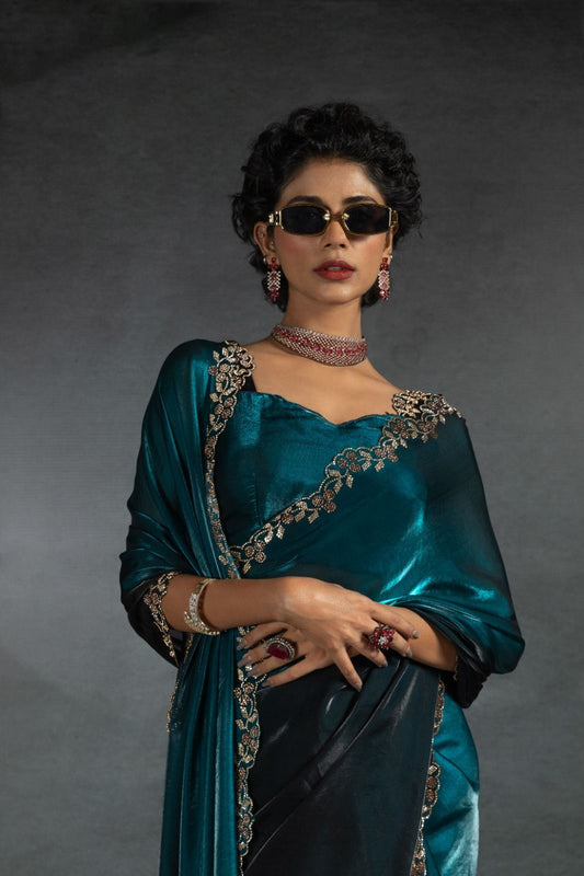 Double Shaded Green And Black Color Silk Saree